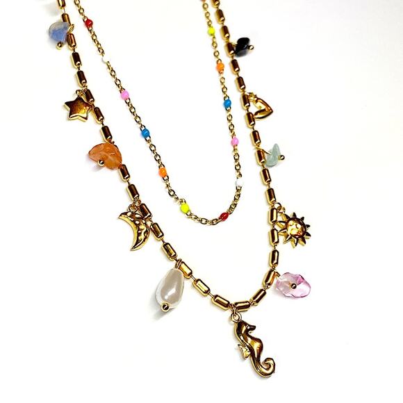 NEW Gold Sea Glass & Enamel Charm Double Strand Necklace - Picture 3 of 10